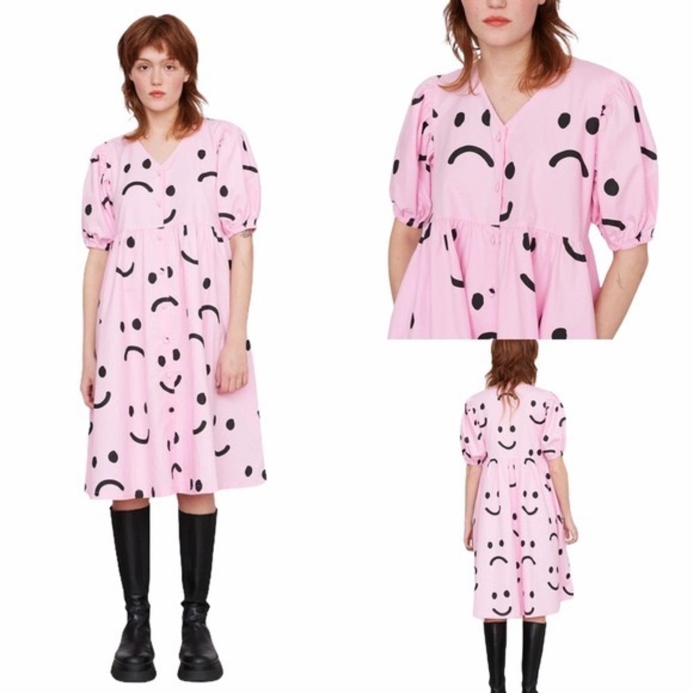 Lazy Oaf Happy Sad Pink Puff Sleeve Midi Dress